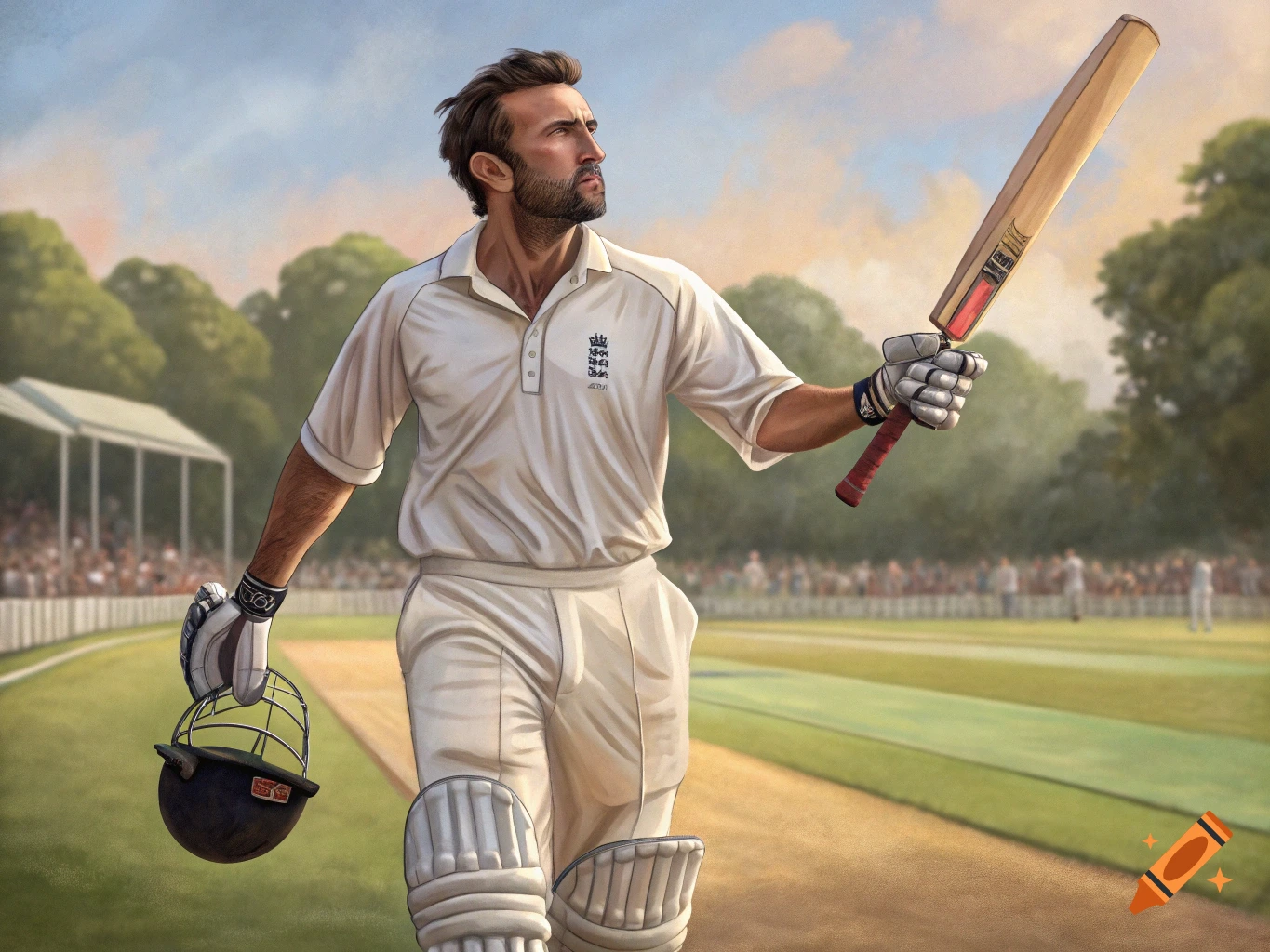 A painted portrait of a male cricketer in white uniform holding a bat and helmet on a cricket field.