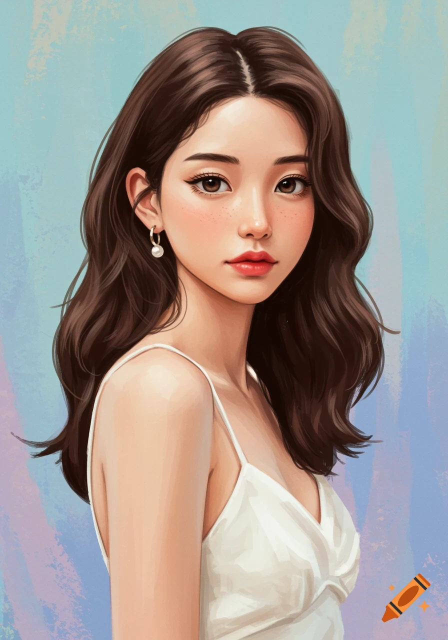 A stylized digital art portrait of a young woman with long dark hair, light freckles, and a white strap top against a pastel background.