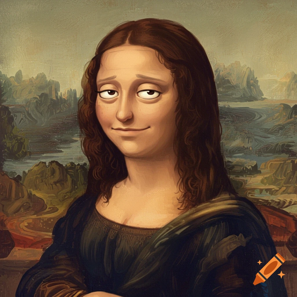 Caricature of Mona Lisa with cartoonish, heavy-lidded eyes and a slight smile, painted in a classical style.