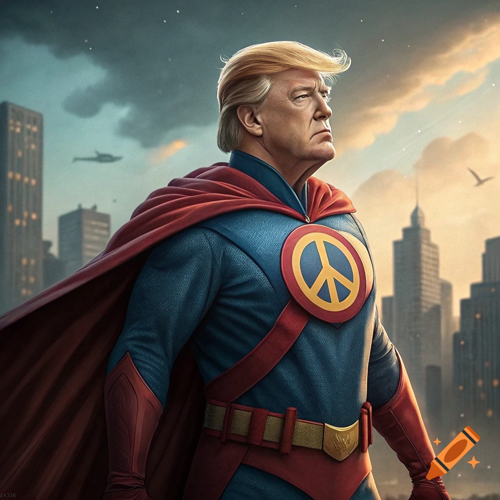 Photorealistic portrait of Donald Trump as a superhero in a blue and red suit with a peace symbol, standing before a city skyline.