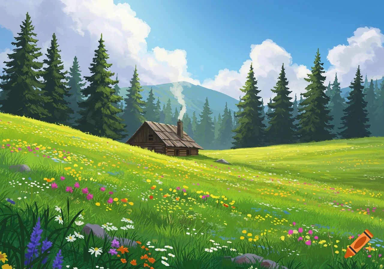 A colorful meadow with a small wooden cabin, surrounded by tall evergreen trees under a bright blue sky with white clouds.