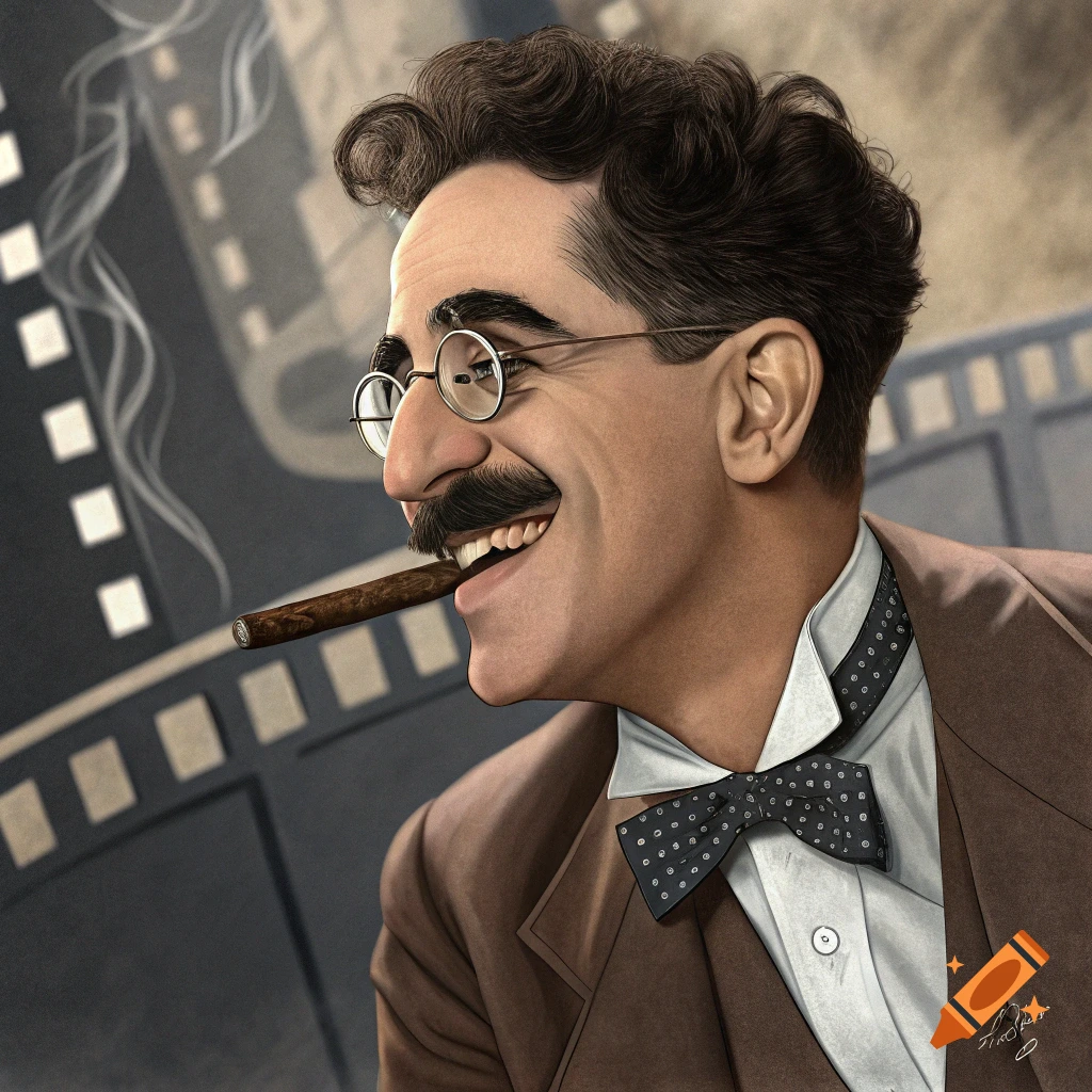 A portrait of Groucho Marx smiling with a cigar, against a backdrop of a film strip.