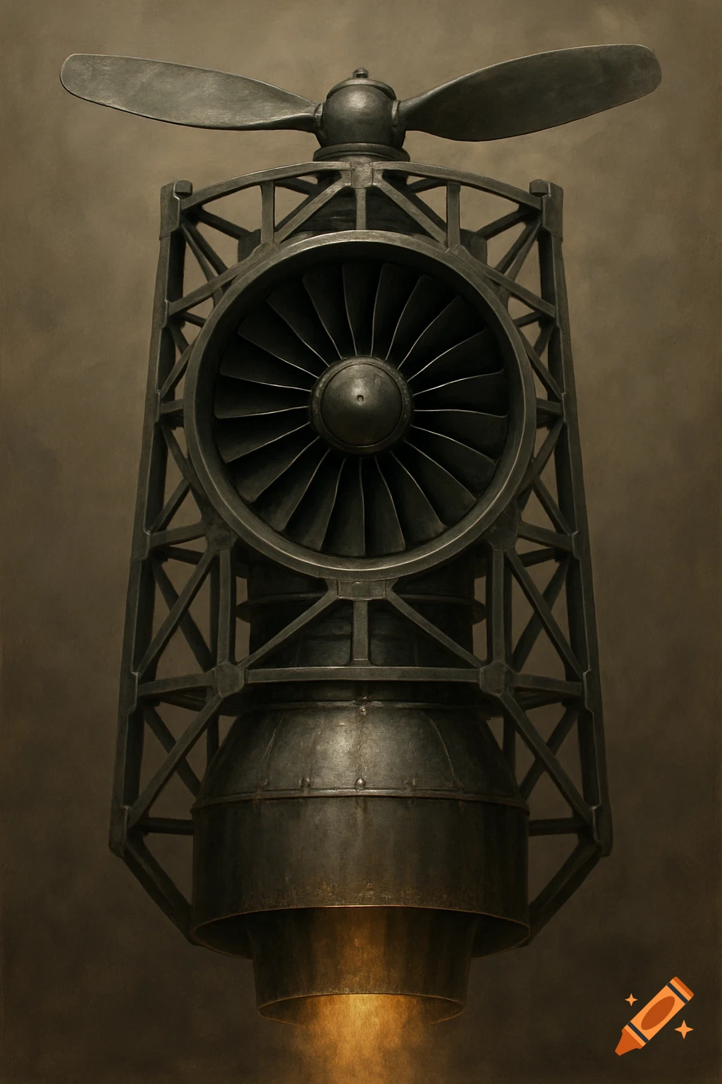 A vertically oriented steampunk-style engine featuring a large propeller above a jet turbine, encased in a metallic lattice frame, with a glow from the exhaust.