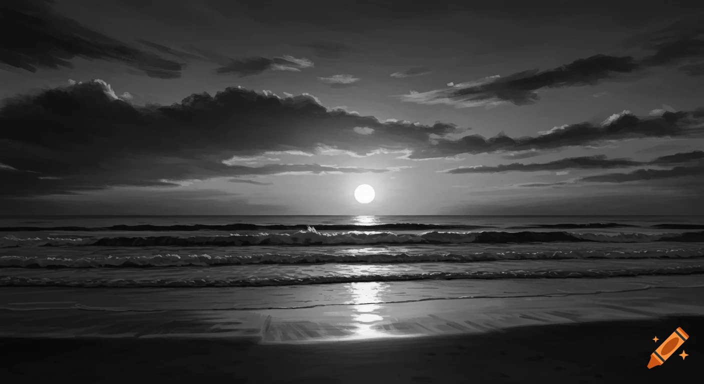A black and white painting of a sunset over the ocean, with waves breaking on a sandy beach.