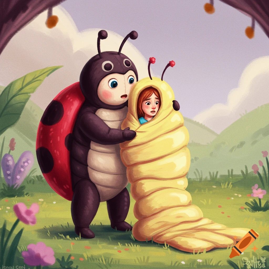 A cartoon illustration of a person in a ladybug costume holding a scared person wrapped in a yellow, cocoon-like material in a whimsical outdoor setting.
