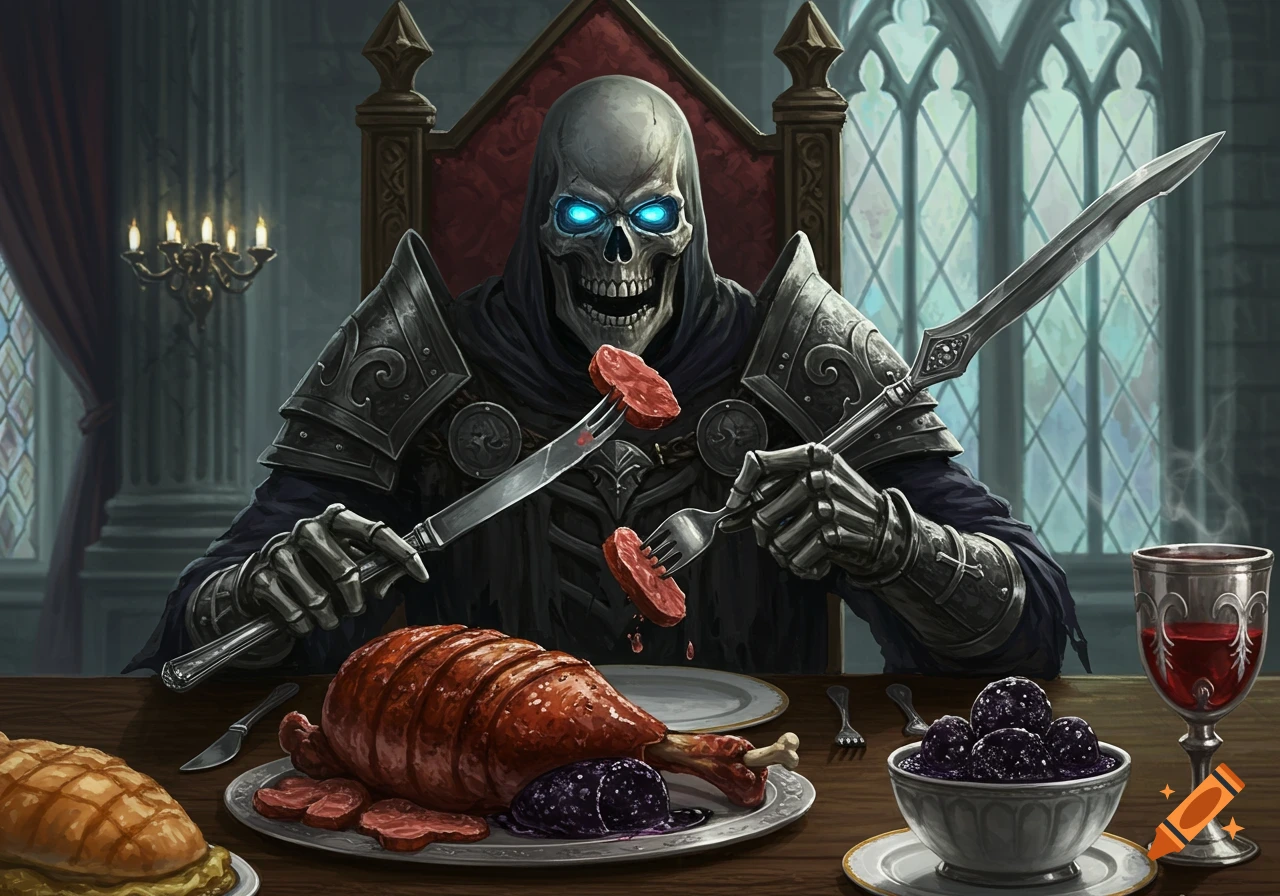 A skeletal figure in dark armor with glowing blue eyes sits at a dining table, holding a knife and a fork with pieces of meat. A roasted leg and a bowl of berries are on the table in a dark, gothic setting.