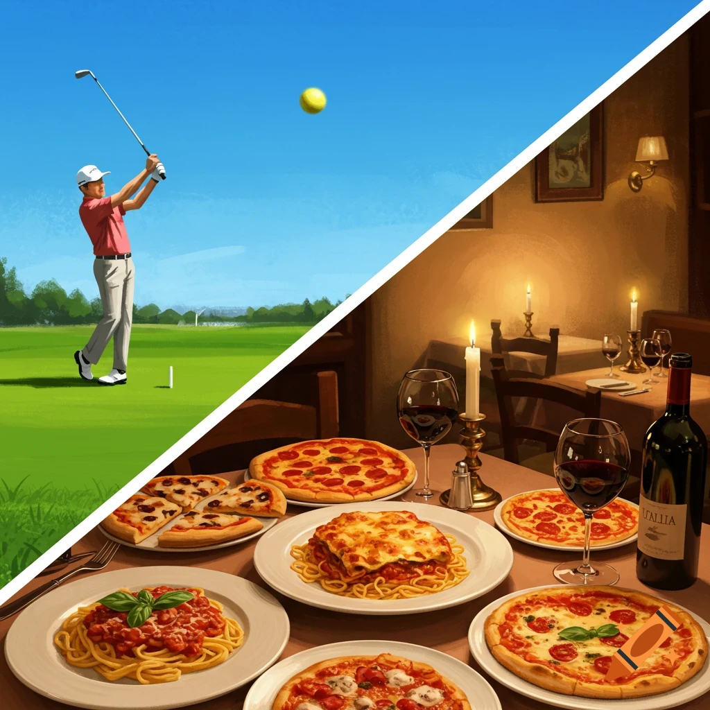 Diagonally split image: top-left features a man golfing, bottom-right displays an Italian dinner spread with pizzas, pasta, and wine.