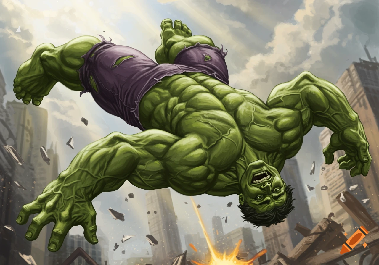 Hulk performs a front flip over debris in a destroyed cityscape, rendered in a detailed comic book style.