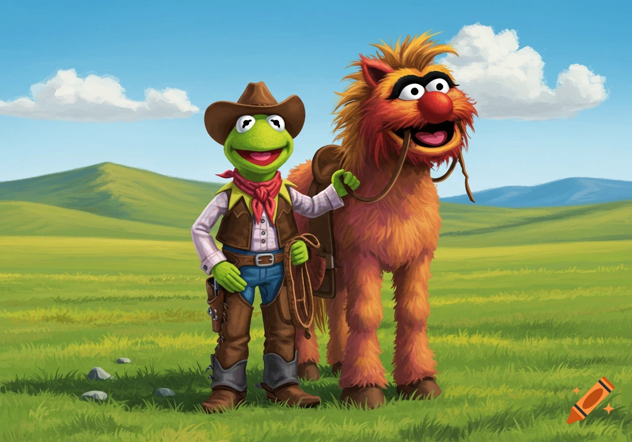 Kermit the Frog as a cowboy stands beside a muppet horse in a grassy, hilly landscape under a blue sky.
