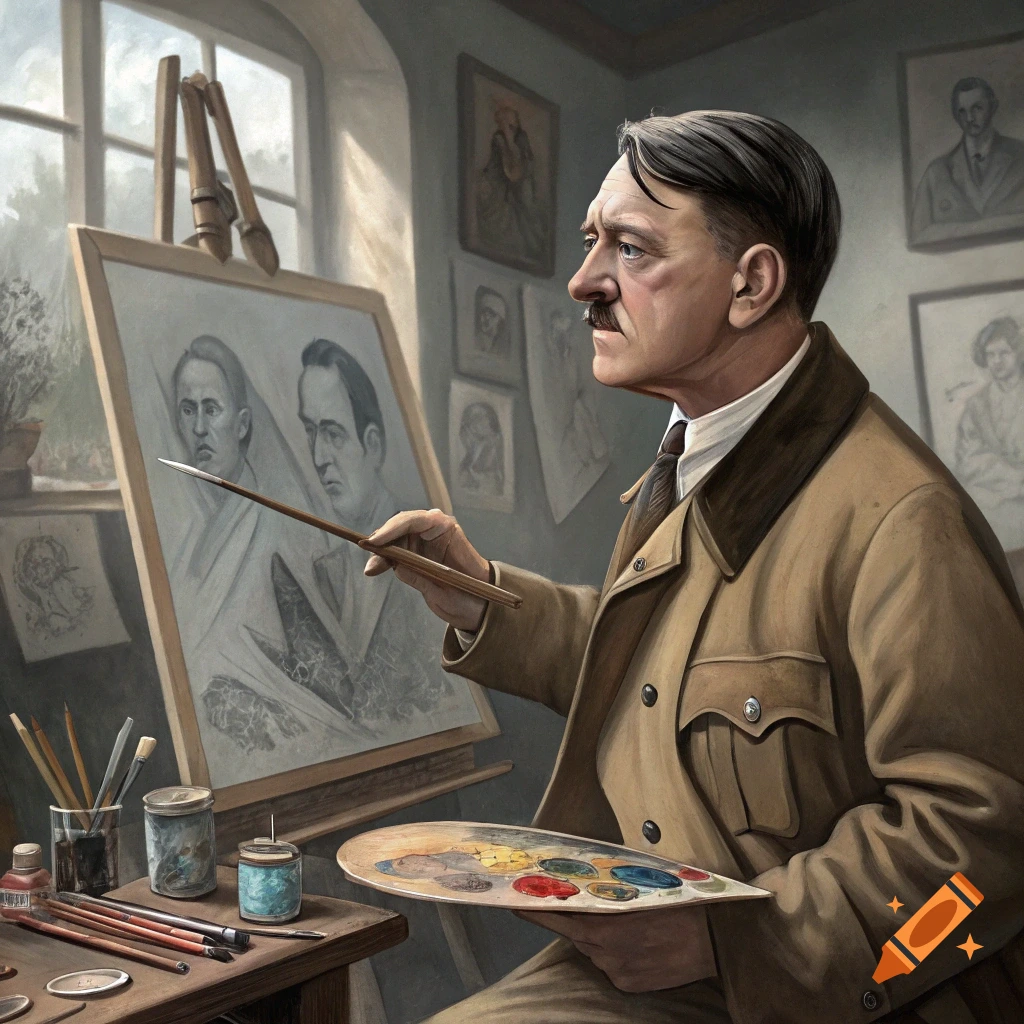 Adolf Hitler with a paintbrush and palette, painting portraits on an easel in a room filled with art.