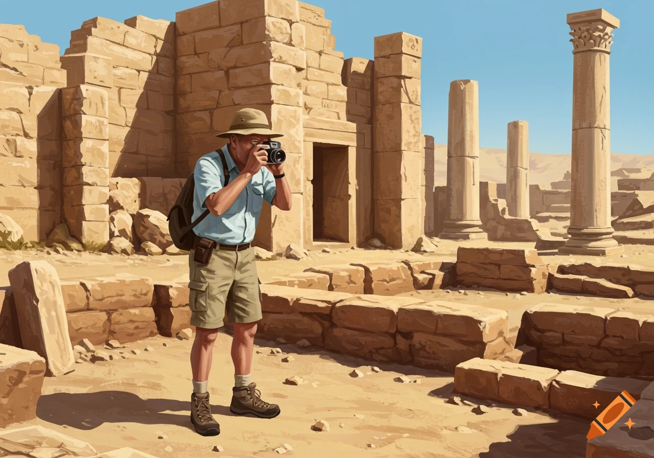 An archaeologist in a hat takes a photo amidst sandy ancient ruins with stone walls and pillars.