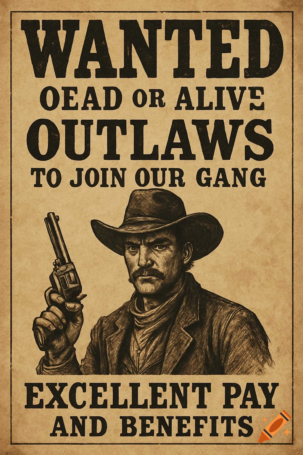 A vintage-style sepia-toned 'WANTED' poster featuring a stern cowboy in a hat holding a revolver, with text 'DEAD OR ALIVE OUTLAWS TO JOIN OUR GANG' and 'EXCELLENT PAY AND BENEFITS'.