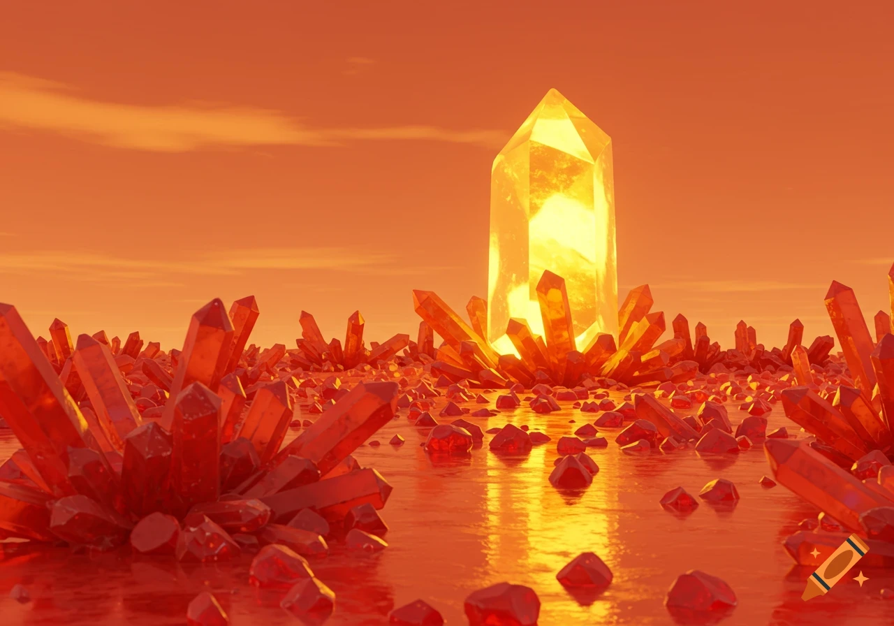 A vibrant landscape filled with orange and red crystals, with a large glowing yellow crystal prominently in the center, all under a bright orange sky.