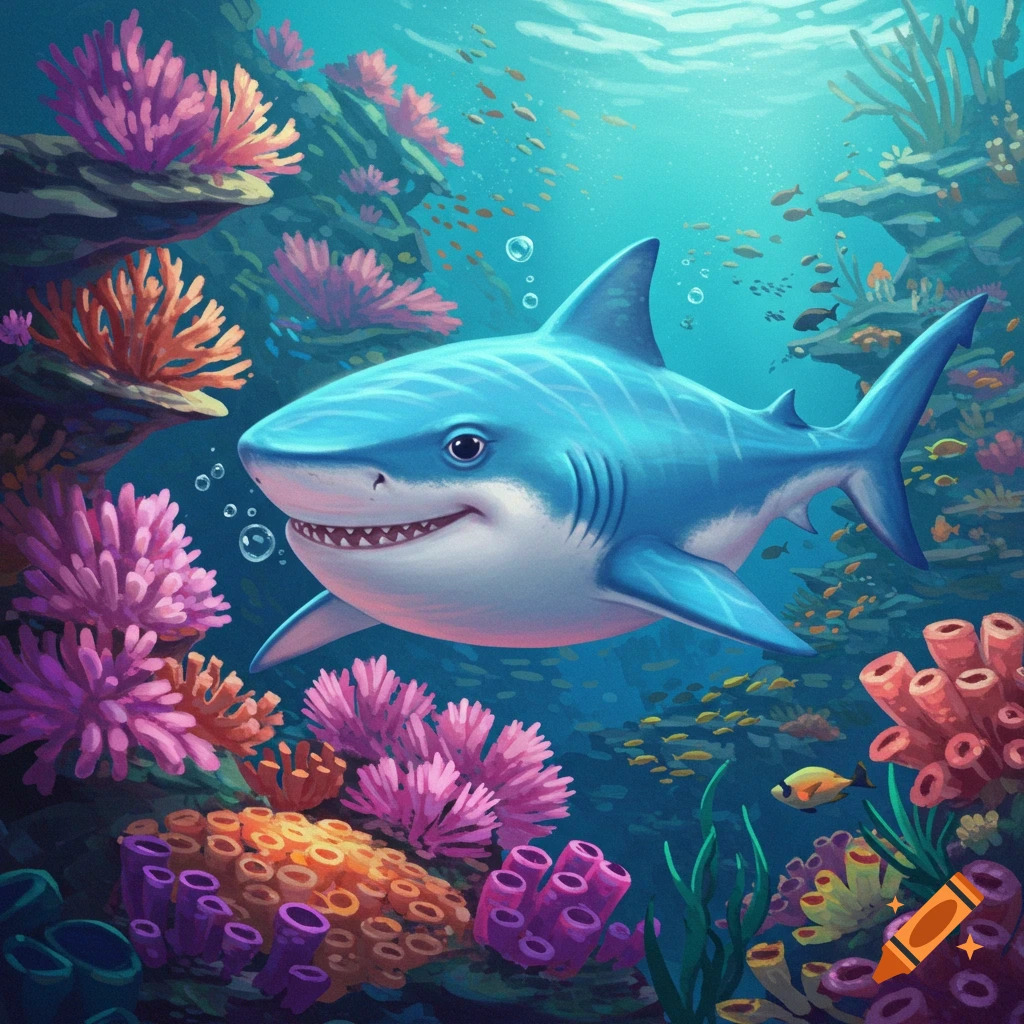 A cartoon blue shark with a wide smile swims through a vibrant coral reef, surrounded by colorful fish and bubbles.