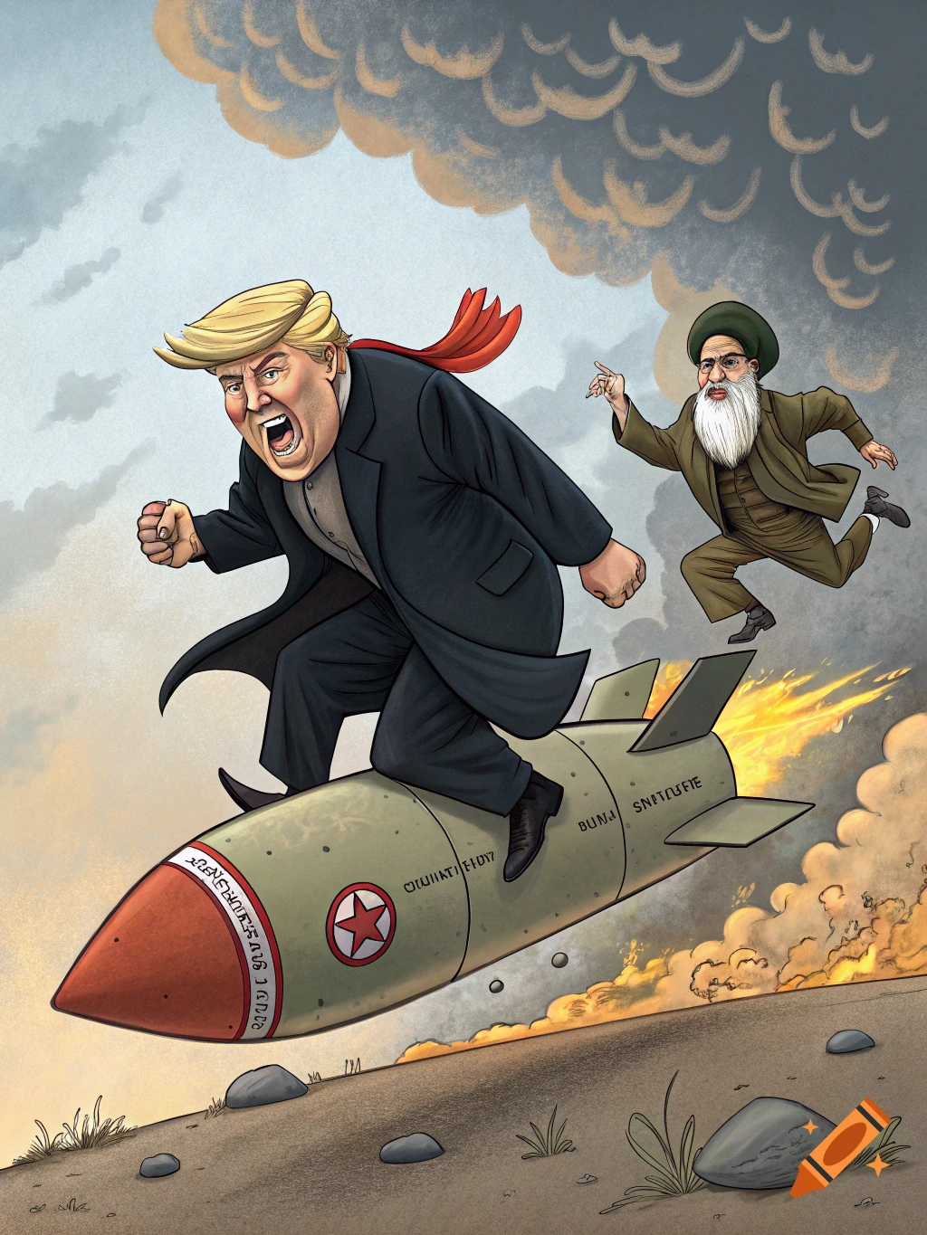 Cartoon of Donald Trump riding a nuclear missile, with Ali Khamenei running behind him, against a cloudy sky.