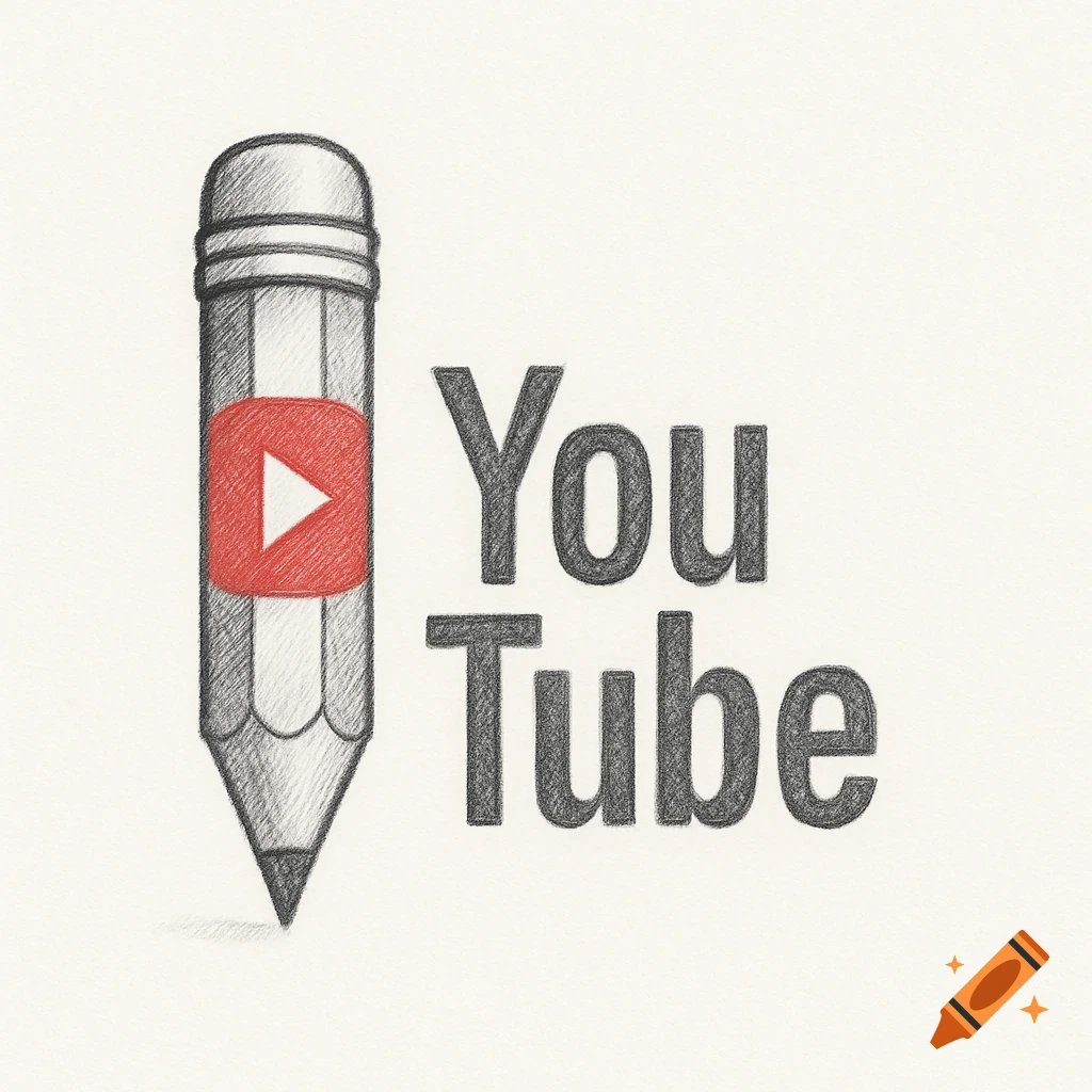 A pencil drawing of a gray pencil with a red YouTube play button icon, next to the word 'YouTube' also rendered in a pencil sketch style.