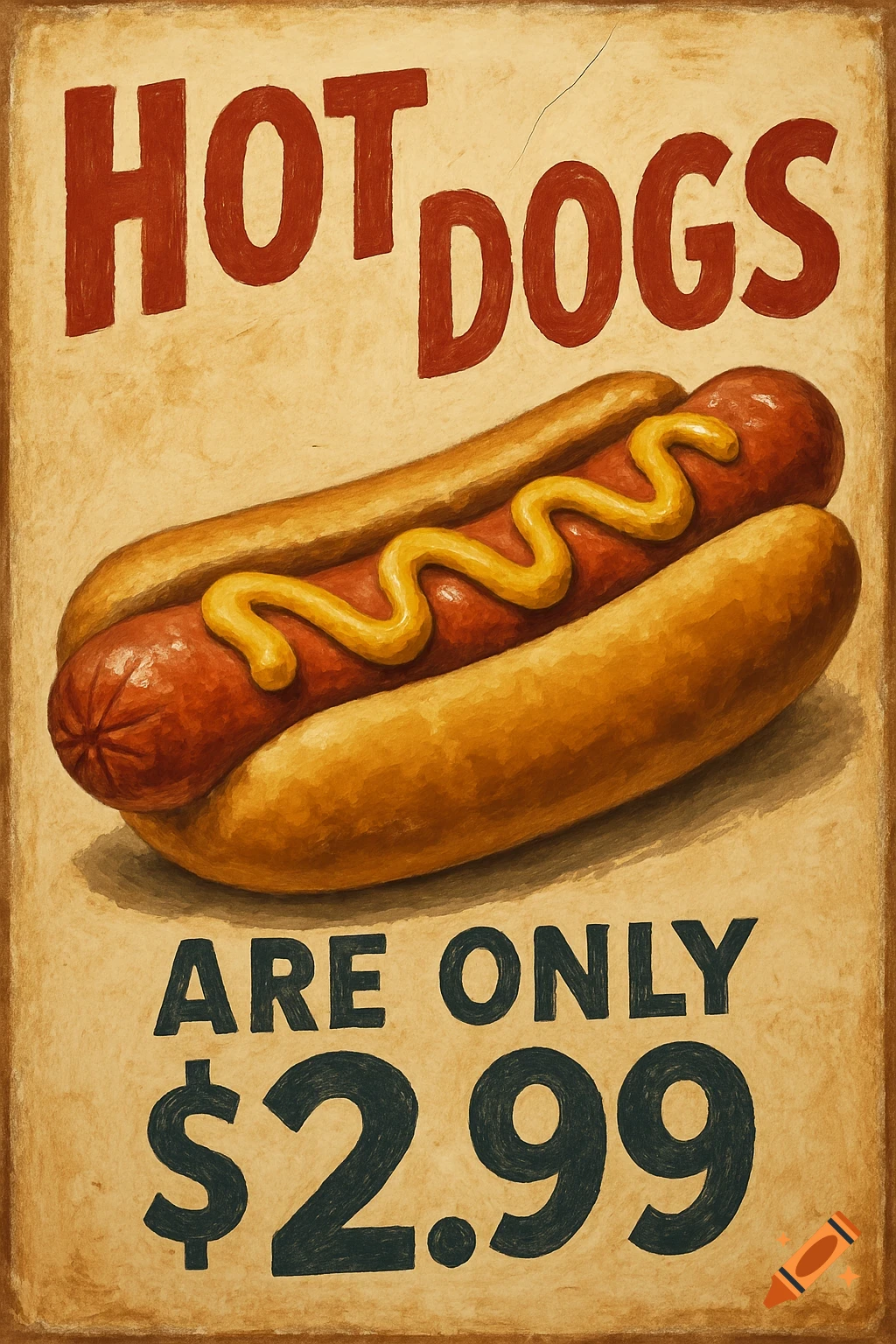 A vintage-style poster advertising hot dogs for $2.99, featuring a large hot dog with mustard on a bun.