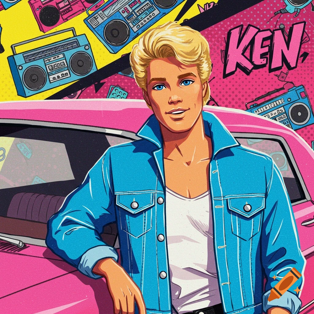 Cartoon-style illustration of Ken in a blue denim jacket leaning on a pink car, with boomboxes in a pop art background.