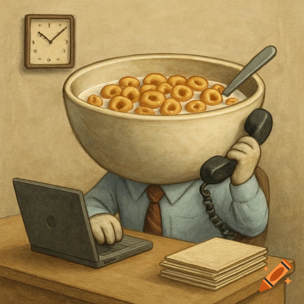 A cartoon figure with a bowl of cereal as a head sits at an office desk, typing on a laptop and talking on a phone. A clock is on the wall.