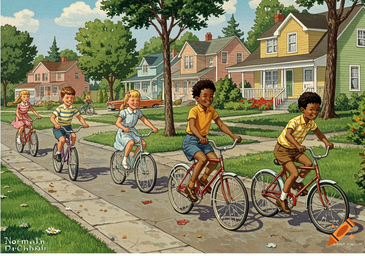 Smiling children ride bicycles on a sidewalk in a 1960s-style suburban neighborhood illustration.