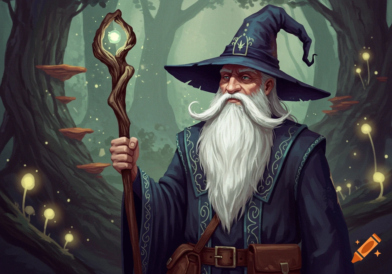 A wise old wizard with a long white beard and a pointed hat holds a ...