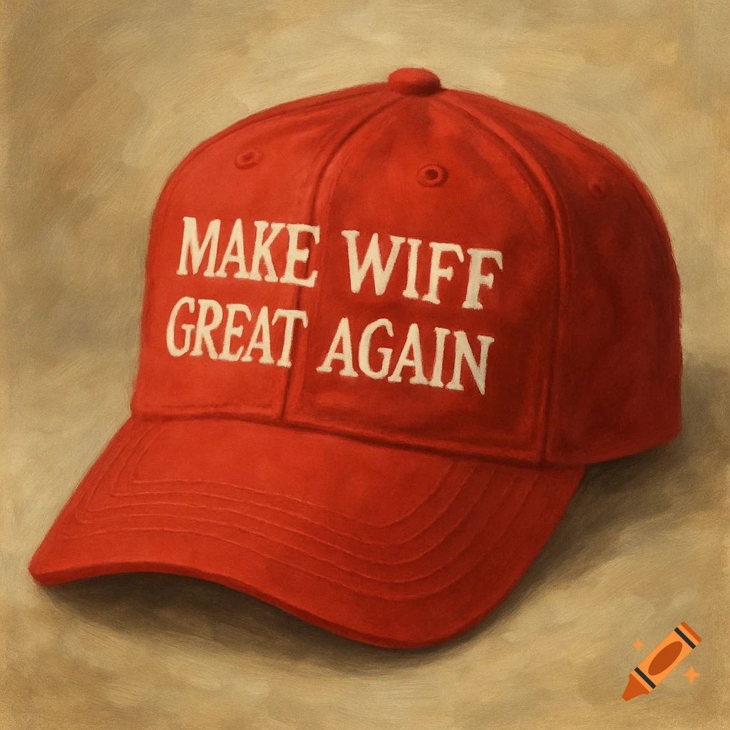 A red baseball cap with "MAKE WIFF GREAT AGAIN" in white text, depicted in a painted style.