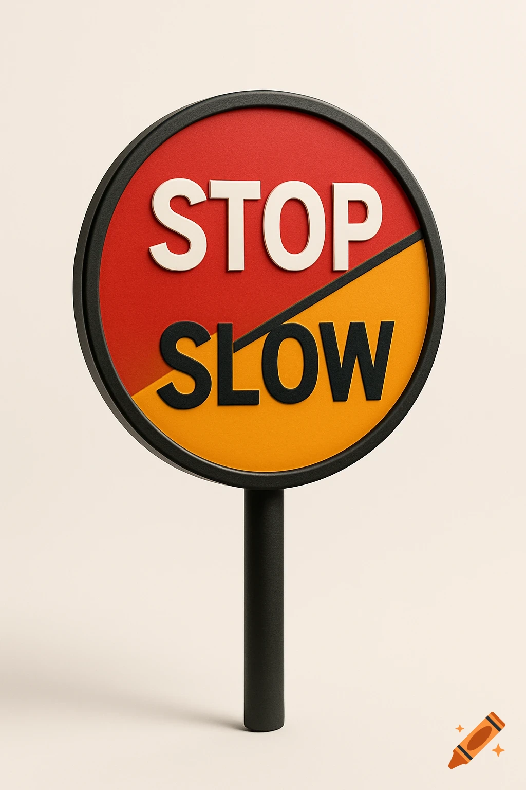 A 3D circular stop/slow lollipop sign, diagonally split with 'STOP' in white on red and 'SLOW' in black on orange, on a white background with a black pole.