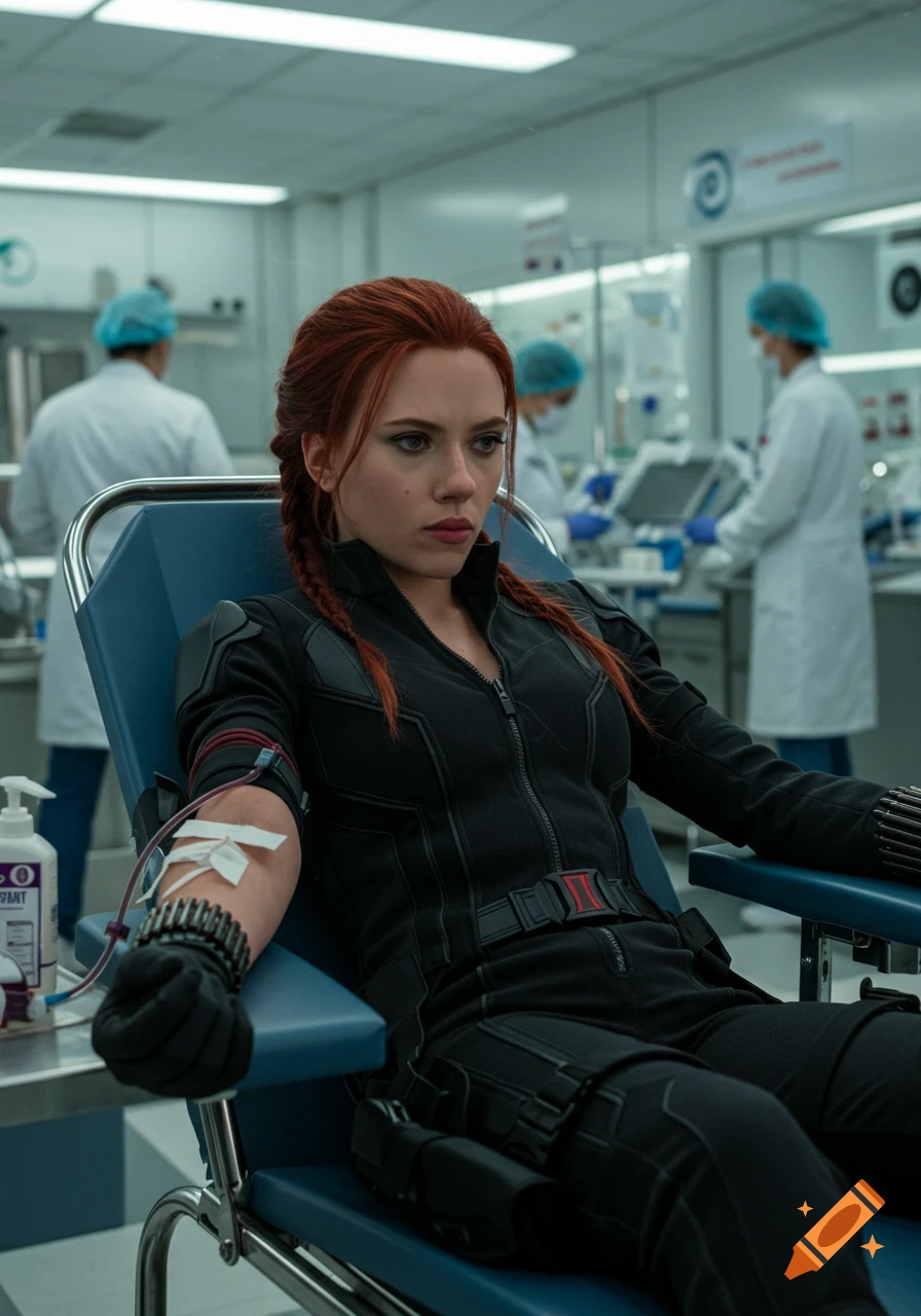 Black Widow in a black suit sits in a blue chair, donating blood in a modern medical facility, with a serious expression.