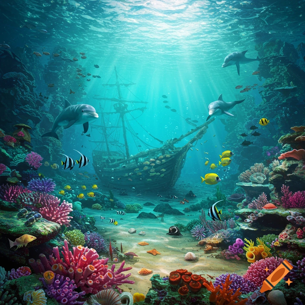 A vibrant underwater scene with a sunken ship, playful dolphins, colorful coral reefs, and various fish swimming in clear, sunlit water.