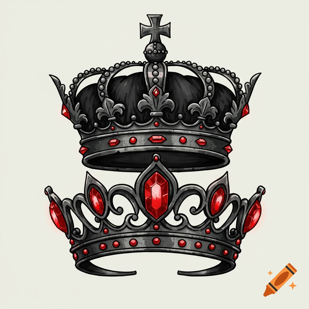 A king's crown on top of a queen's tiara, both dark gray with red jewels, in a tattoo art style.