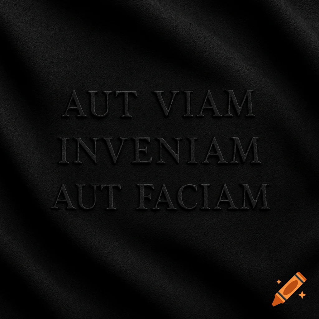 Embossed Latin motto 'Aut viam inveniam aut faciam' on black fabric texture.