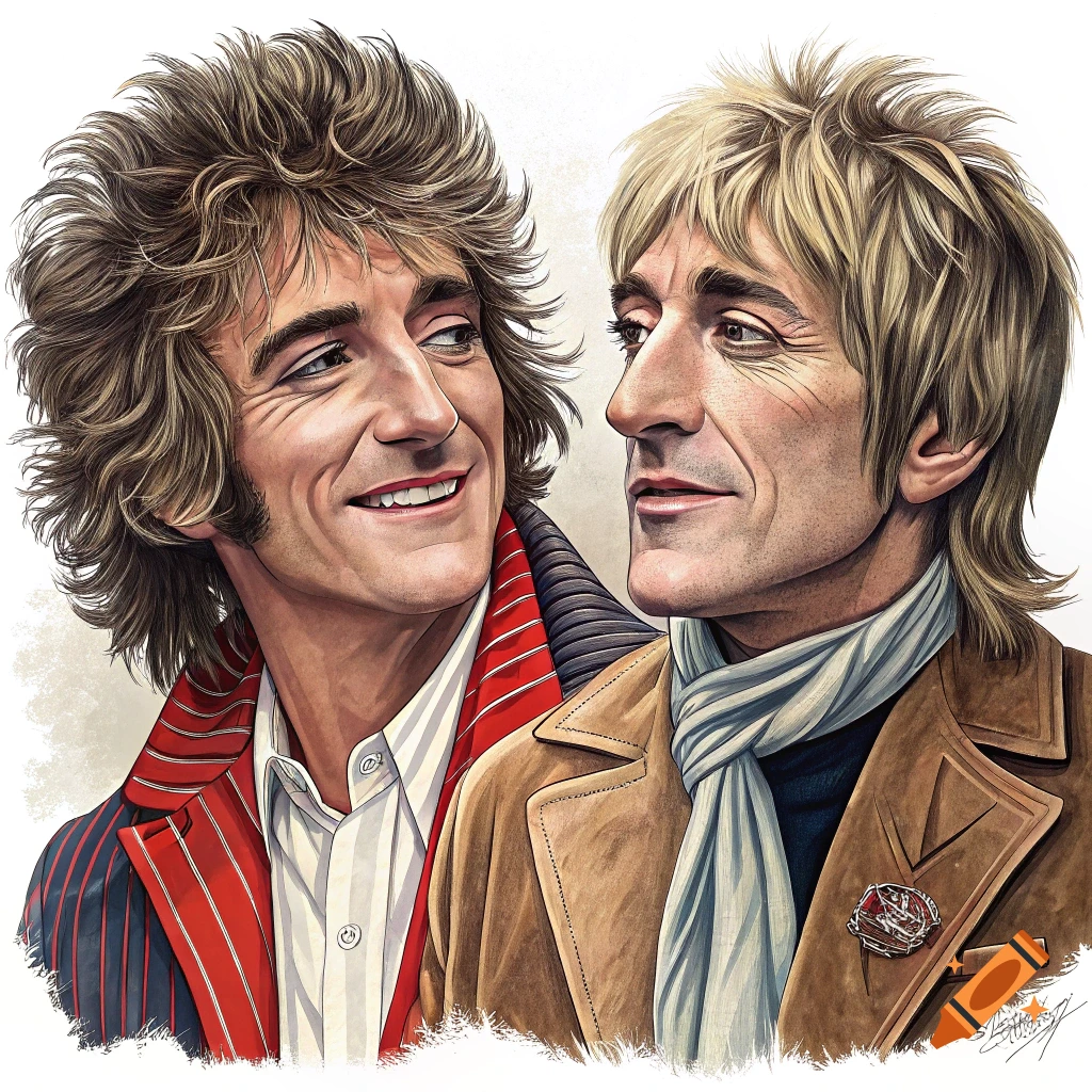 Stylized illustration of two men, one smiling with brown curly hair, the other with blonde hair and a scarf, looking towards each other.
