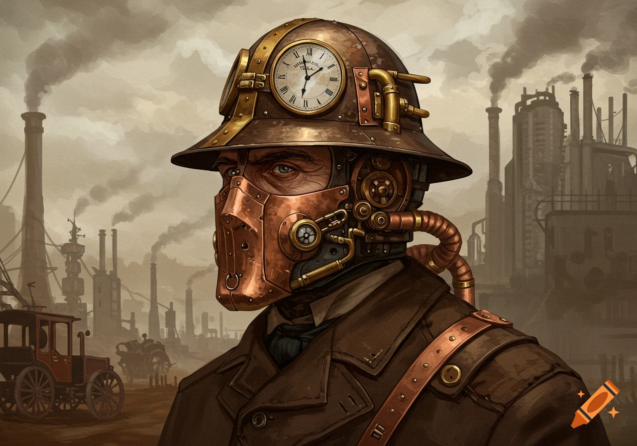 A detailed steampunk portrait of a man wearing a bronze helmet with a clock, against a smoky industrial background.