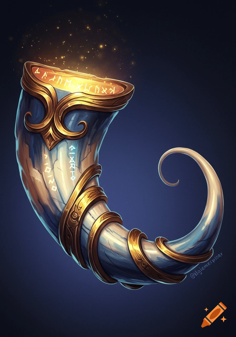 A glowing fantasy horn with gold accents and runes, against a dark blue background.