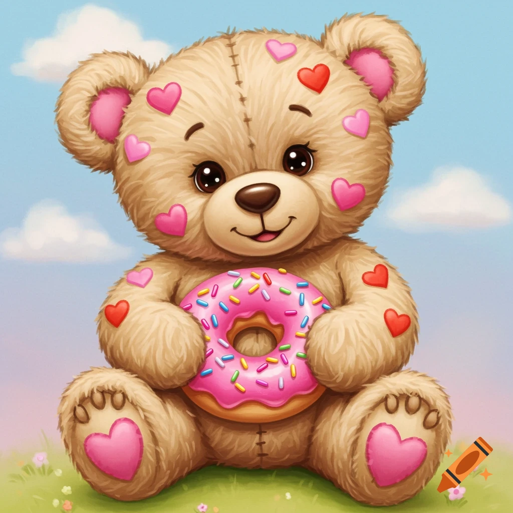A cute teddy bear adorned with pink and red hearts holds a pink donut with colorful sprinkles in a grassy field.