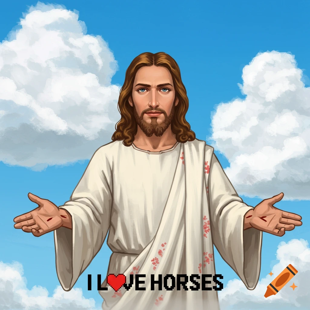 Cartoon Jesus with open arms under a blue sky and clouds, with text 'I LOVE HORSES' at the bottom.