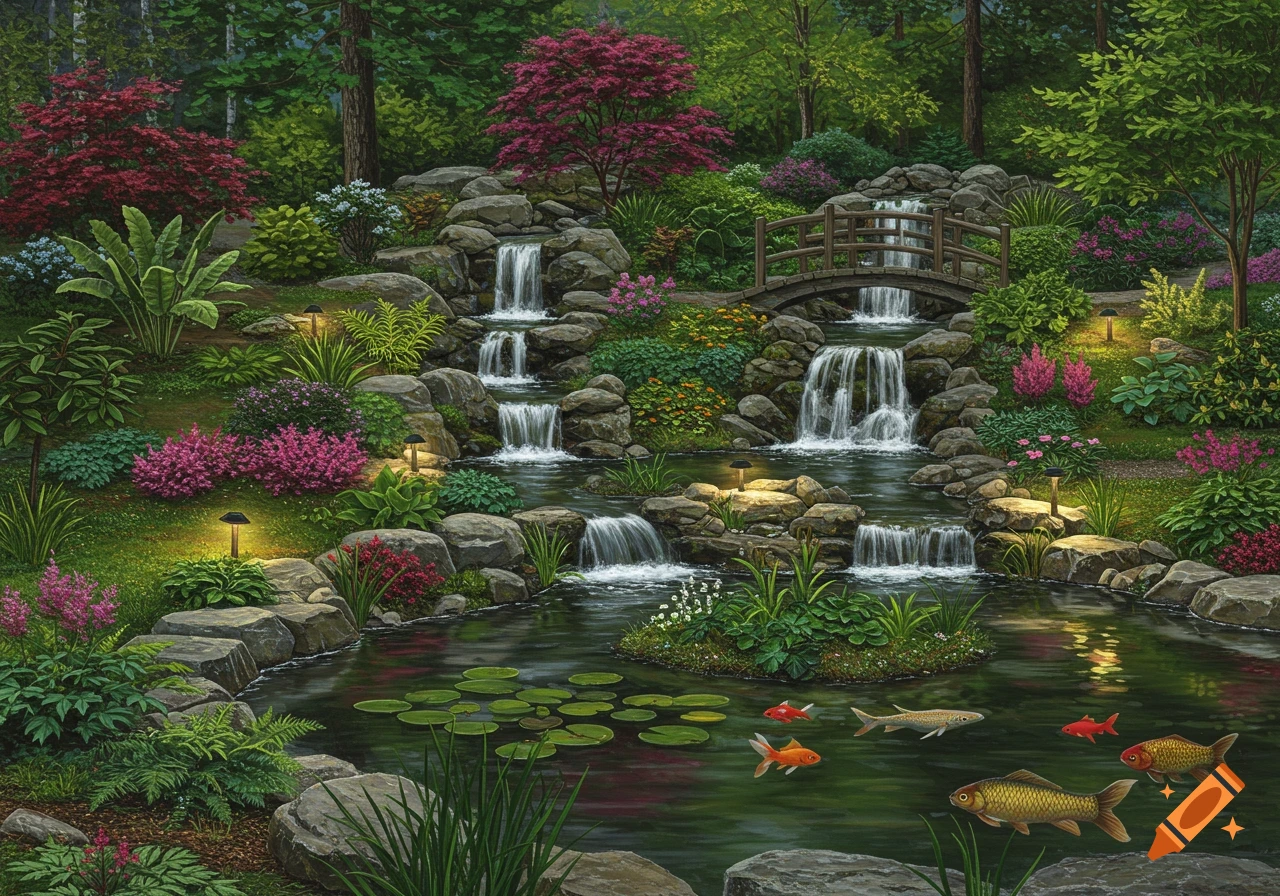 Lush garden with tiered waterfalls flowing into a pond with fish, illuminated by warm lights at night.