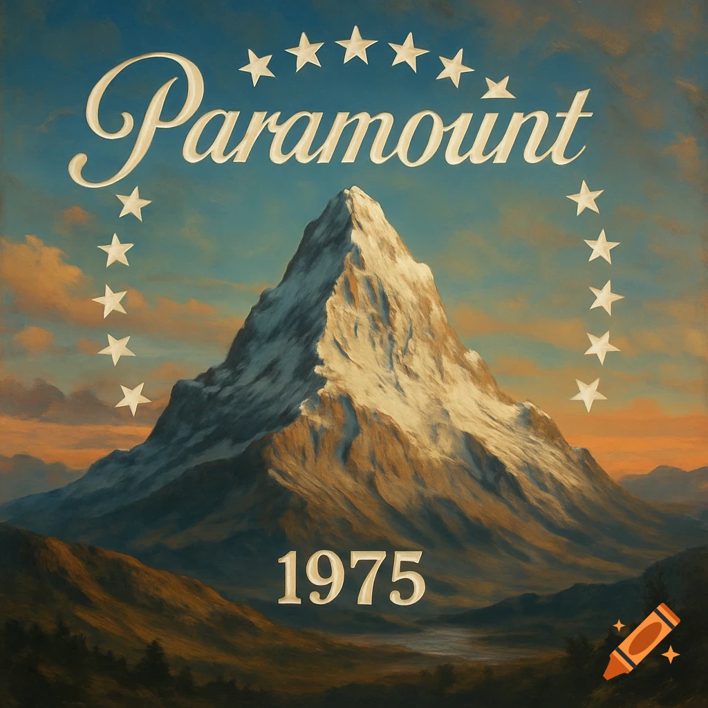 A vintage painted Paramount Pictures logo with a snowy mountain, stars, 'Paramount' above, and '1975' below.