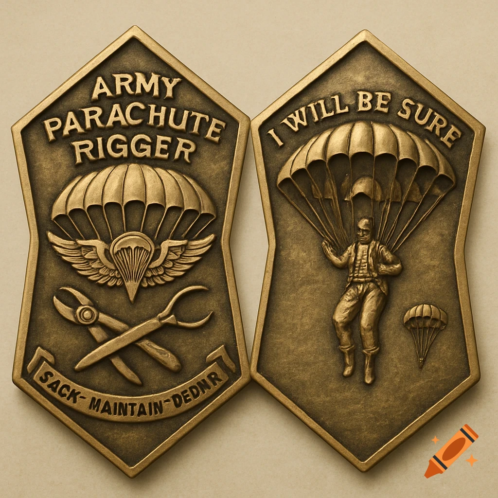Close-up of two bronze military challenge coins. The left coin shows a parachute with wings, crossed tools, and the text "ARMY PARACHUTE RIGGER" and "SACK- MAINTAIN-DEDNR". The right coin shows a paratrooper descending with a parachute and the text "I WILL BE SURE".