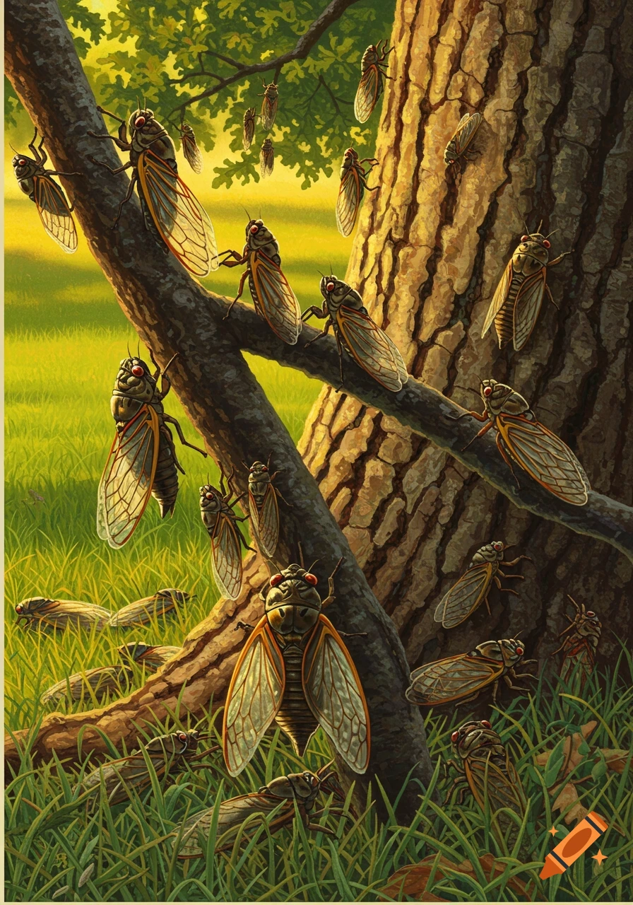 Numerous cicadas with red eyes and translucent wings crawl on the bark of a large tree and surrounding green grass in a sunlit forest scene, illustrated style.