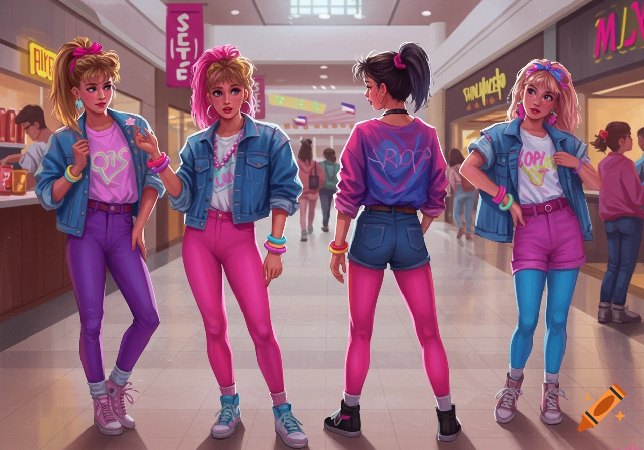 Four women in colorful 1980s fashion, including denim jackets, leggings, and bright tops, standing in a brightly lit shopping mall.