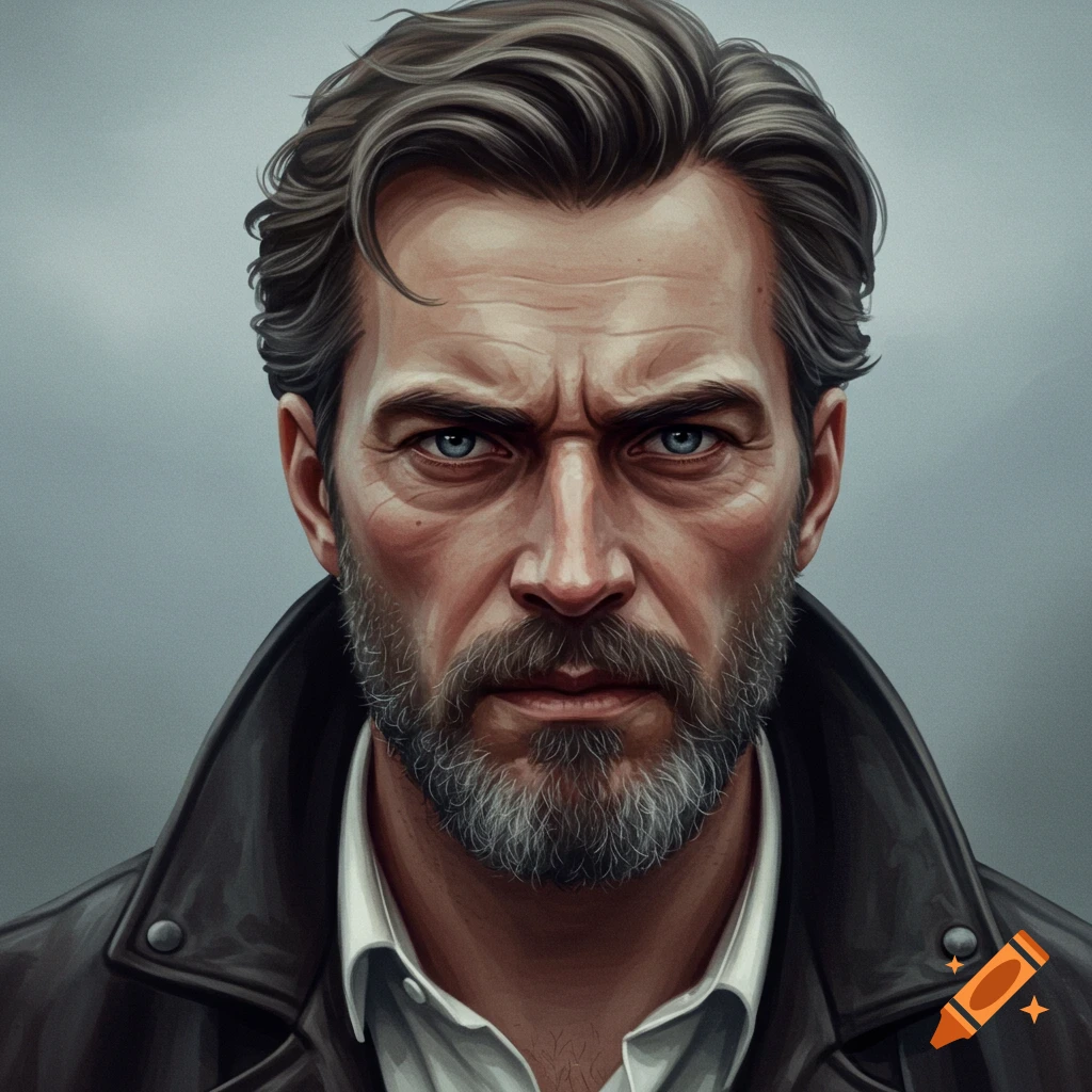 A close-up, semi-realistic illustration of a serious man with a beard, blue eyes, and brown hair, wearing a black leather jacket.