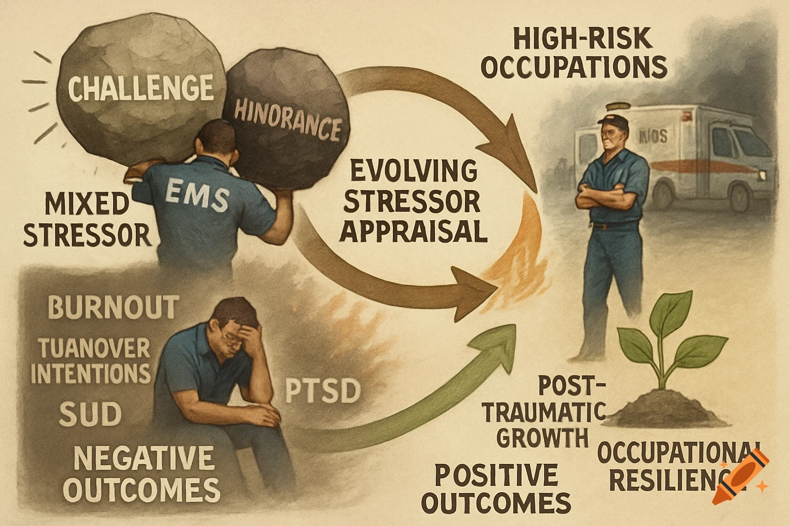A conceptual diagram illustrating stressors and outcomes in high-risk occupations like EMS. It shows men under stress, arrows indicating cycles, and text labels for concepts like challenge, hindrance, burnout, PTSD, post-traumatic growth, and occupational resilience.
