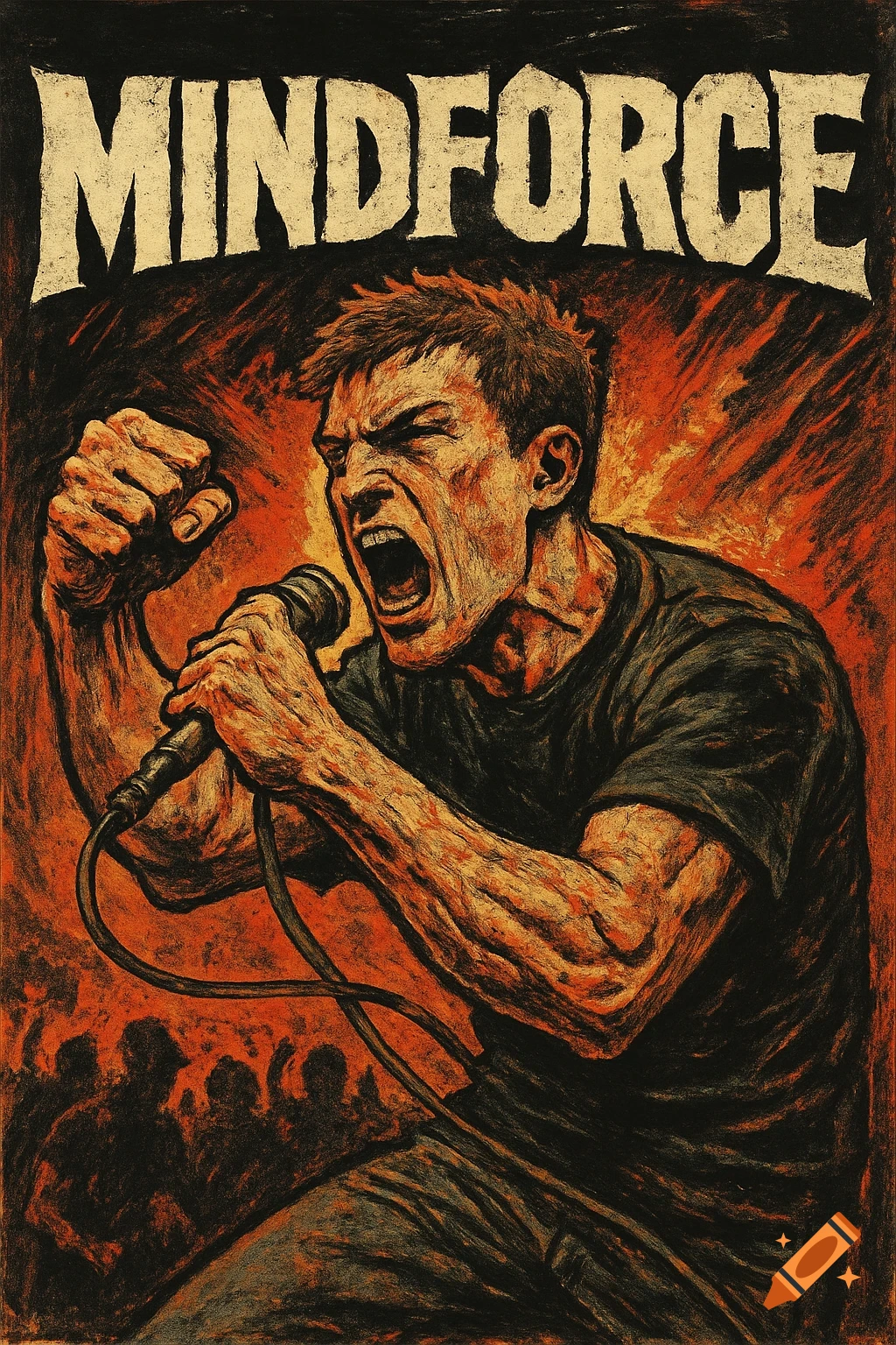 Stylized hardcore punk poster of a singer screaming into a microphone with fist raised against a fiery background.
