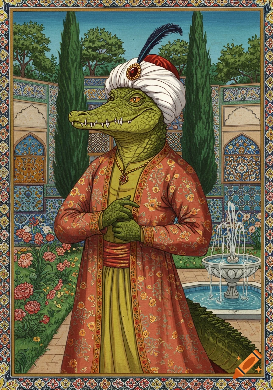 An anthropomorphic crocodile in ornate Persian robes and a turban stands in a lush, tiled garden with a fountain, in an illustrated style.