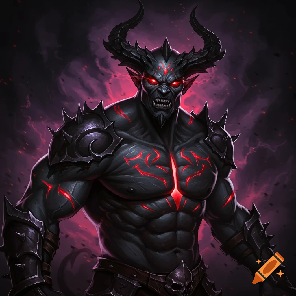 A fearsome black muscular demon with glowing red eyes, sharp horns, and crimson markings on its body, against a dark, smoky background.