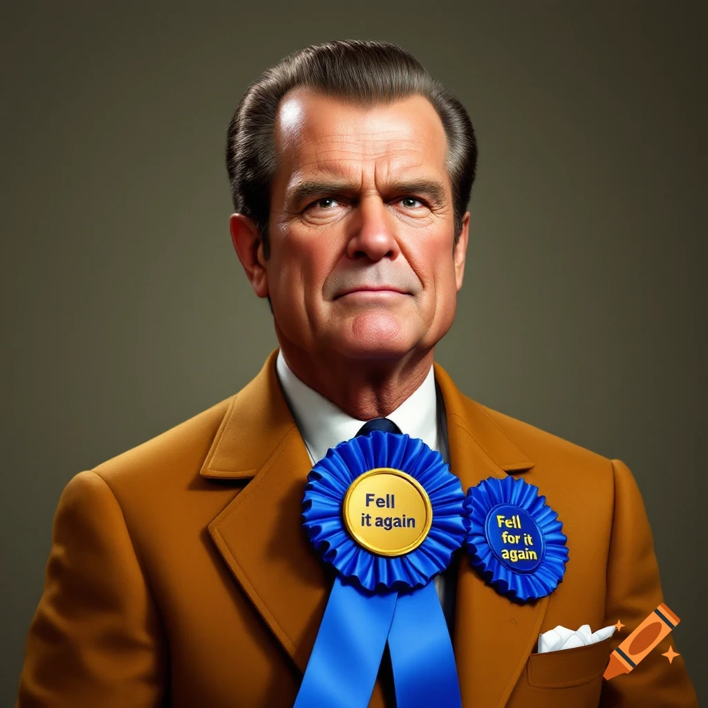A photorealistic portrait of an older man in a brown suit with two blue award ribbons on his chest, one reading "Fell it again" and the other "Fell for it again."