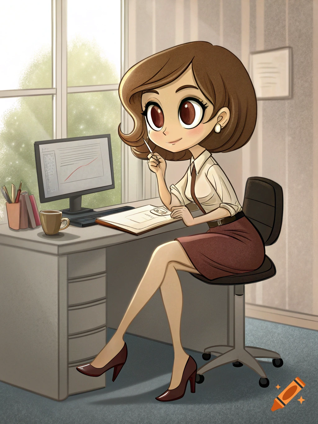 A stylized cartoon illustration of a big-eyed woman with brown hair sitting at a desk in an office, smiling and holding a pen.