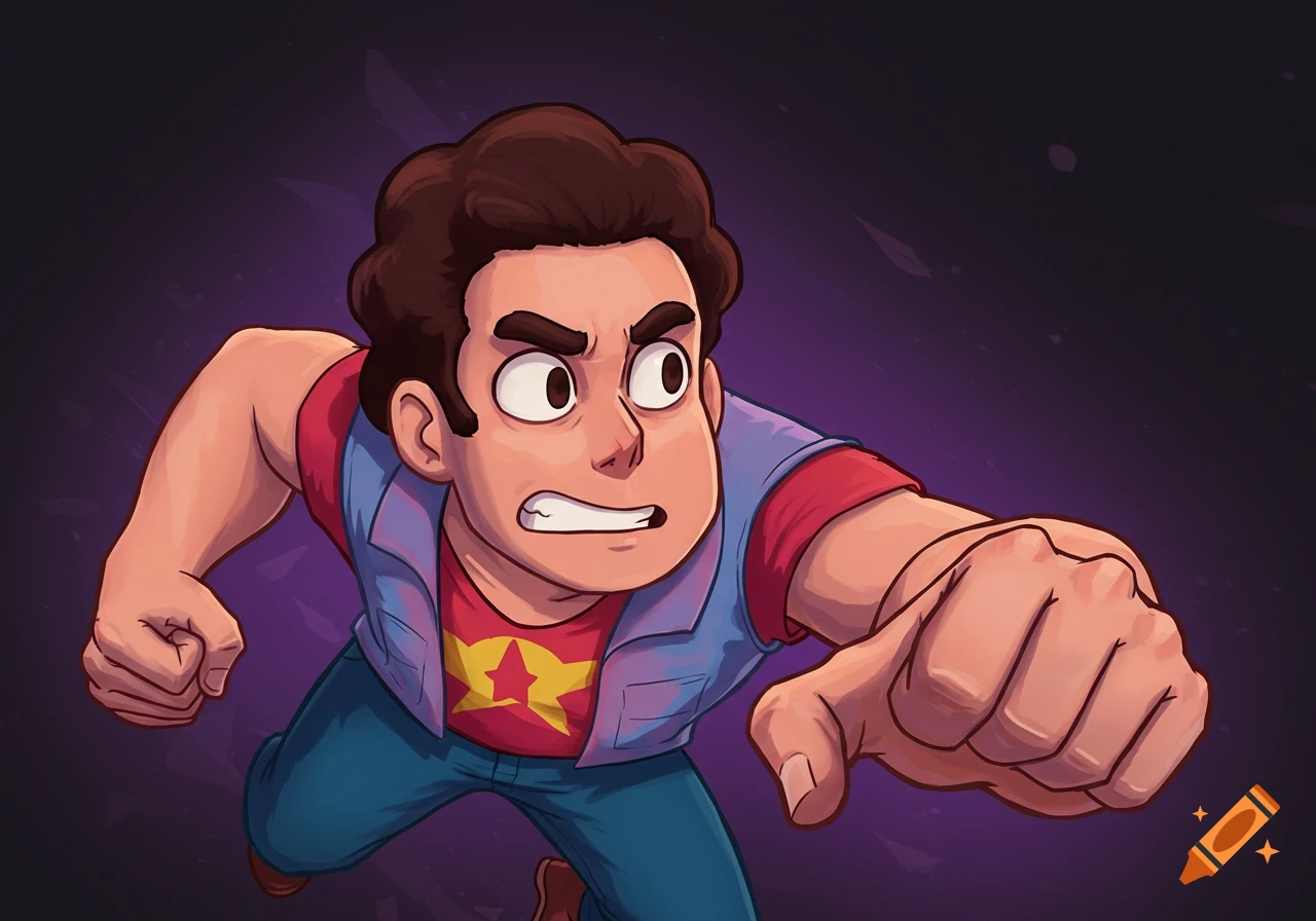 A cartoon drawing of Steven Universe clenching his fists with a determined expression, wearing his star shirt and blue jacket.