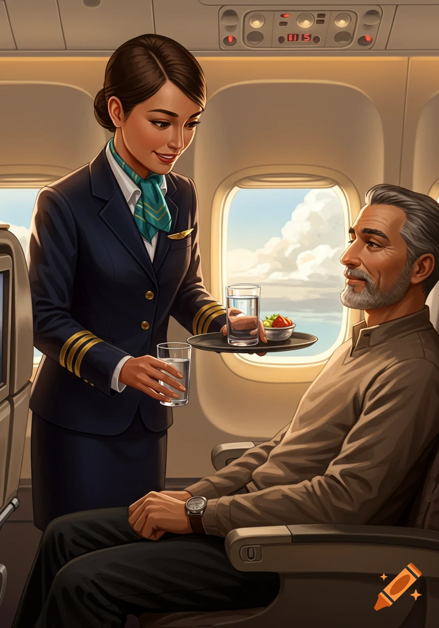 An illustrative image of a female flight attendant serving a glass of water to a male passenger on an airplane.
